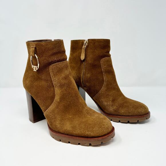 Tory Burch Sofia 85mm Lug Sole Suede Gold Hardware Logo Stacked Heel Bootie US 8 - Picture 3 of 10